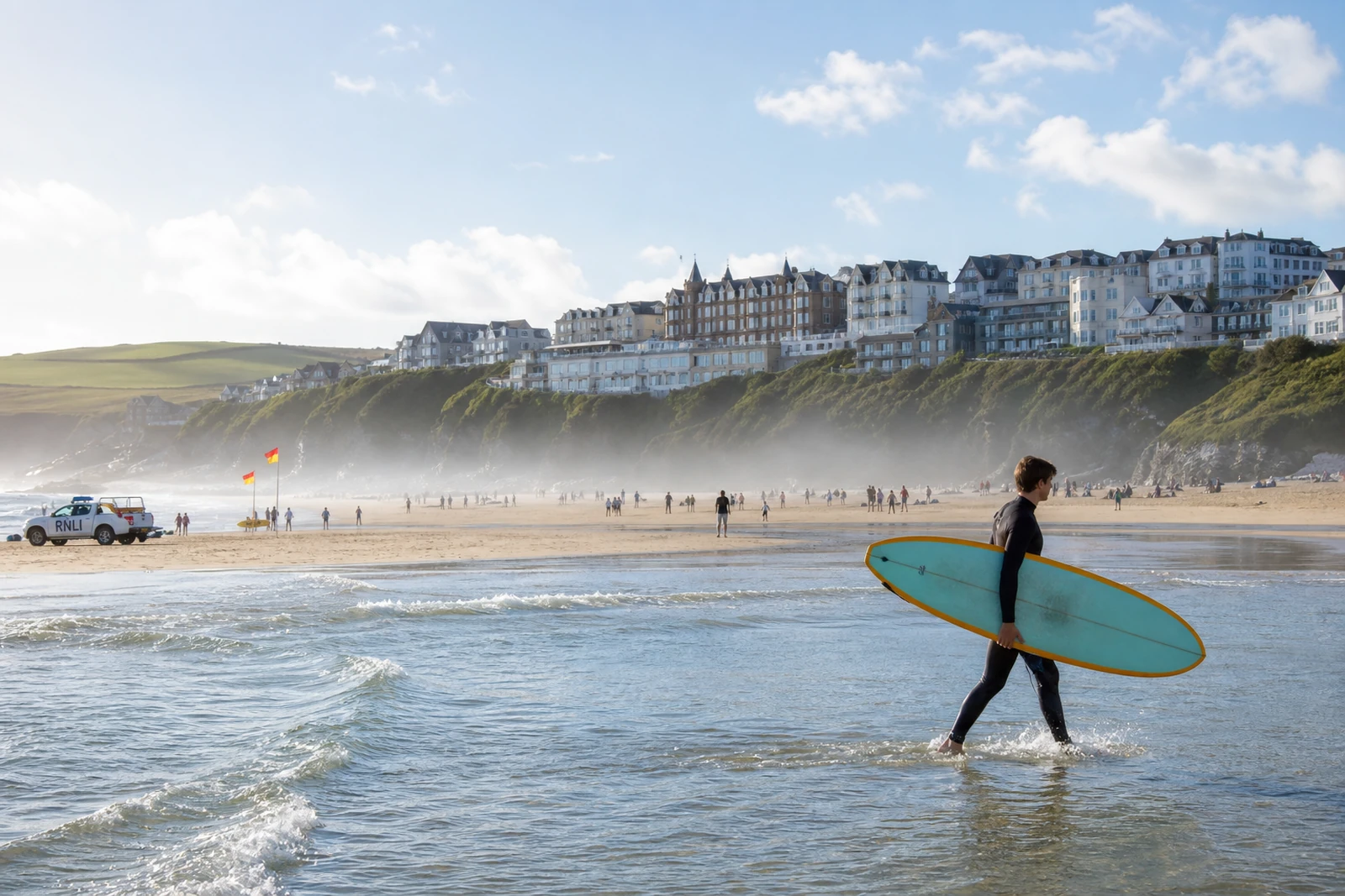 Surfer in a black wetsuit carrying a board through shallow water at Fistral Beach, Newquay, Cornwall, with the town on the cliffs behind